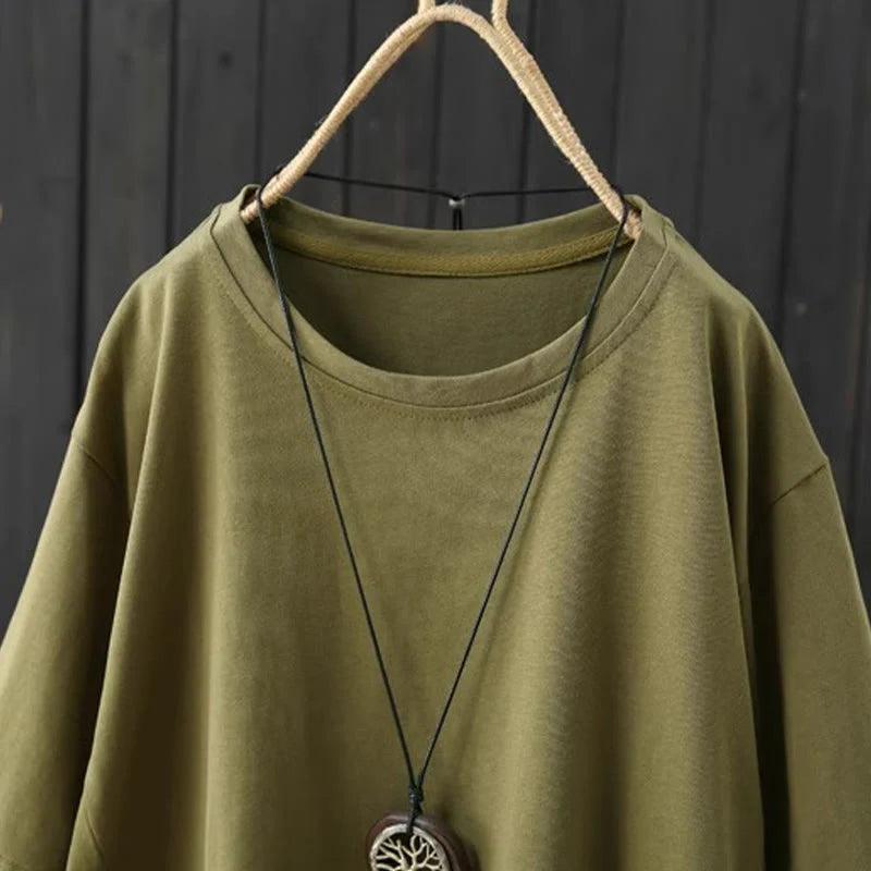 Buddha Stones Casual Loose Summer Plain Crew Neck Women's  Cotton Short Sleeve T-shirt