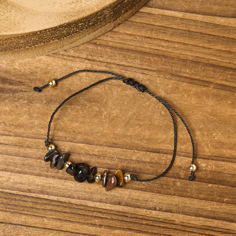 Buddha Stones Tiger Eye Black Tourmaline Pyrite Protection Card Rope Bracelet