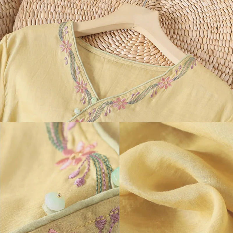 Buddha Stones Stand Collar Embroidery Button Design Three Quarter Sleeve Women's Shirt