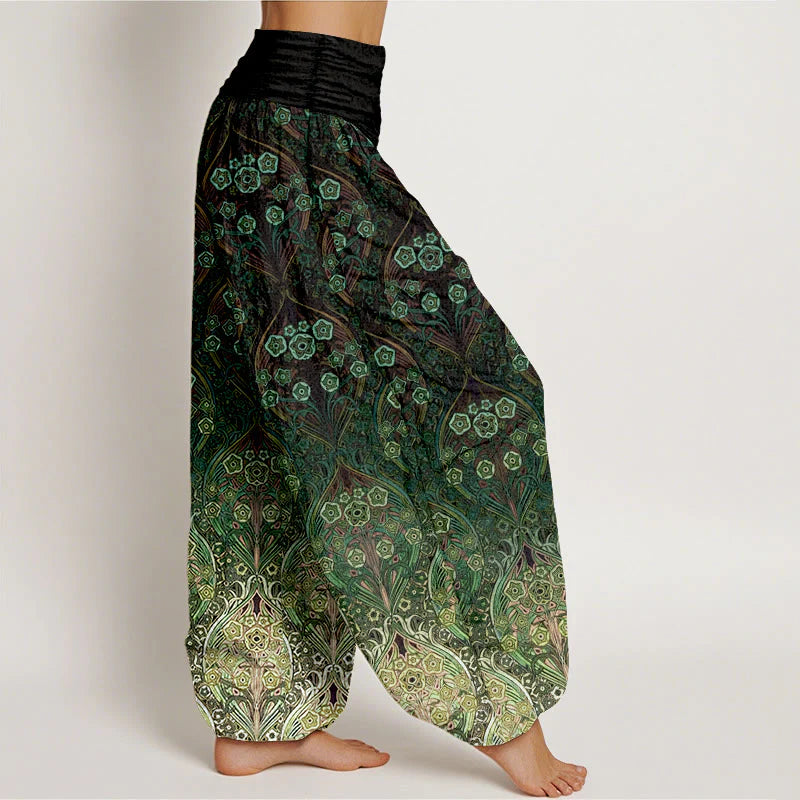 Buddha Stones Pure Cotton Retro Flower Pattern Women's Elastic Waist Harem Pants