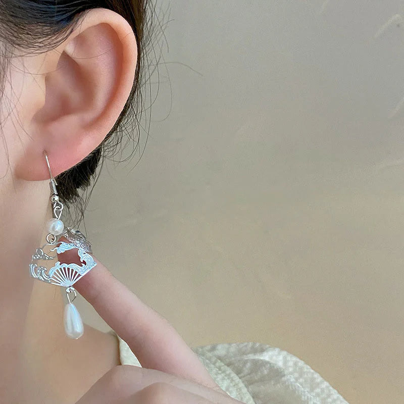 Buddha Stones Copper Fan Auspicious Clouds Pearl Healing Drop Earrings