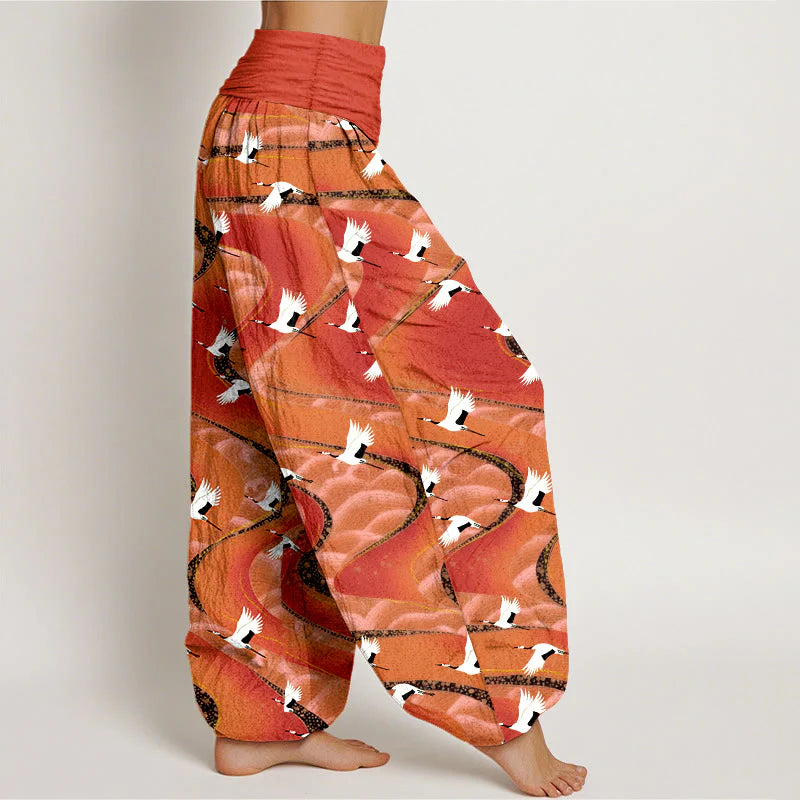 Buddha Stones Cotton Elegant Cranes Winding Lines Pattern Women's Elastic Waist Harem Pants