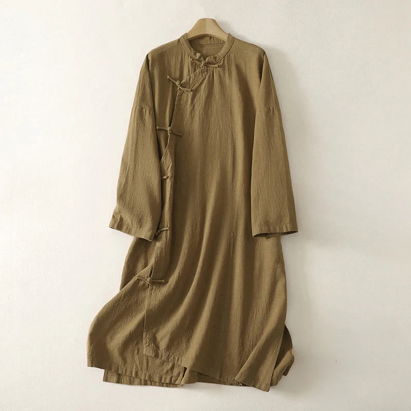 Buddha Stones Vintage Plain Frog Buttons Asymmetrical Design Long Sleeve Cotton Linen Midi Dress