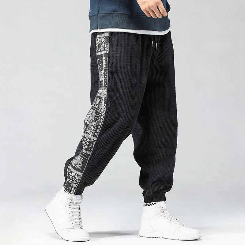 Buddha Stones Fall Solid Drawstring Side Paisley Pattern Straight Leg Ankle-length Corduroy Men's Pants With Pockets