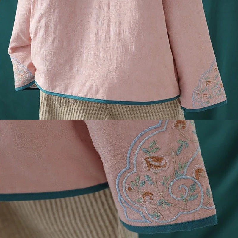 Buddha Stones Winter Frog-Button Embroidery Flowers Vines Open Front Cotton Long Sleeve Women's Thermal Jacket