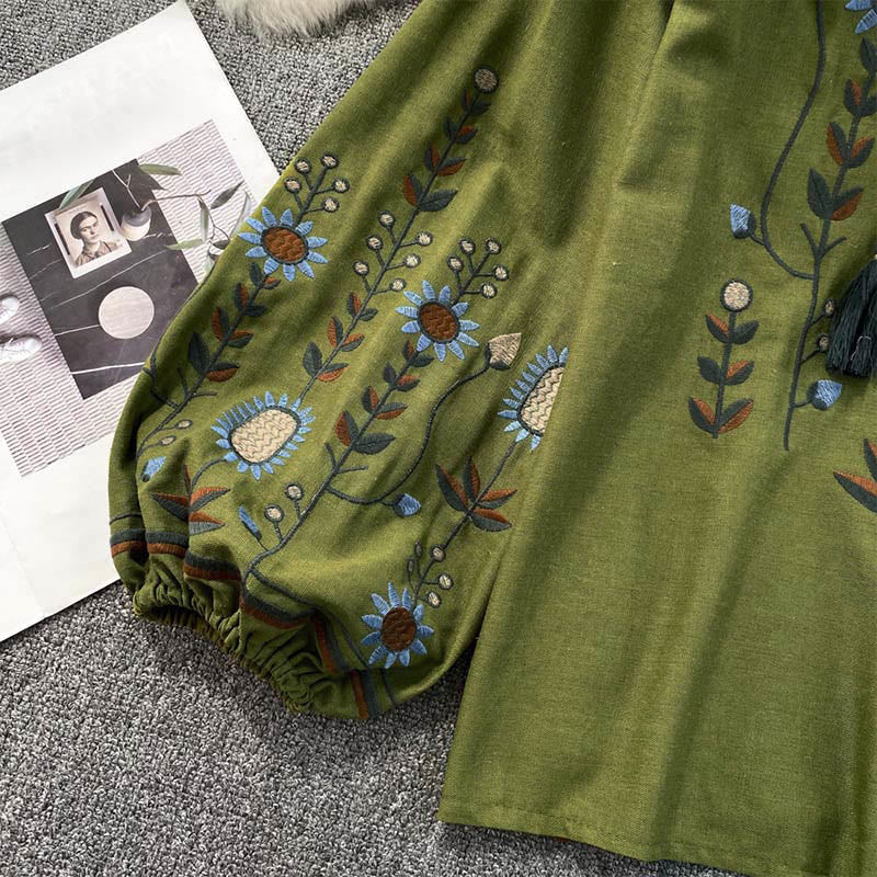 Buddha Stones Casual Embroidery Flower Leaf Pattern Women's Cotton Linen Round Neck T-shirt