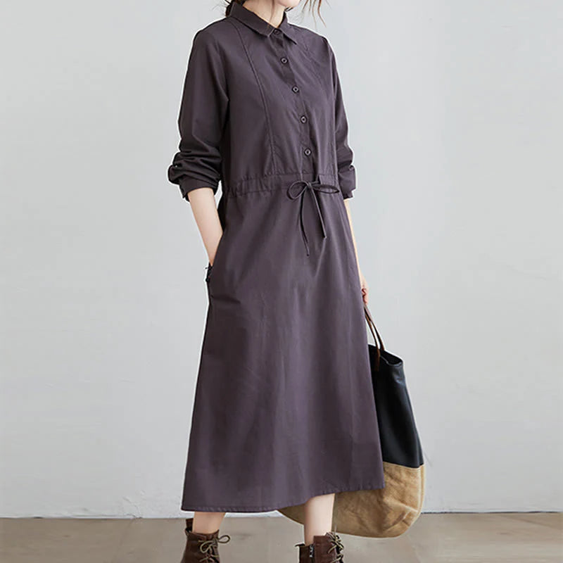 Buddha Stones Fall Solid Color Lace-Up Design Lapel Long Sleeve Cotton Midi Dress With Pockets