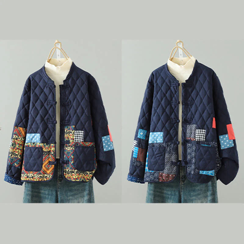 Buddha Stones Ethnic Frog-button Patchwork Women's Thickened Cotton Long Sleeve Jacket With Pockets