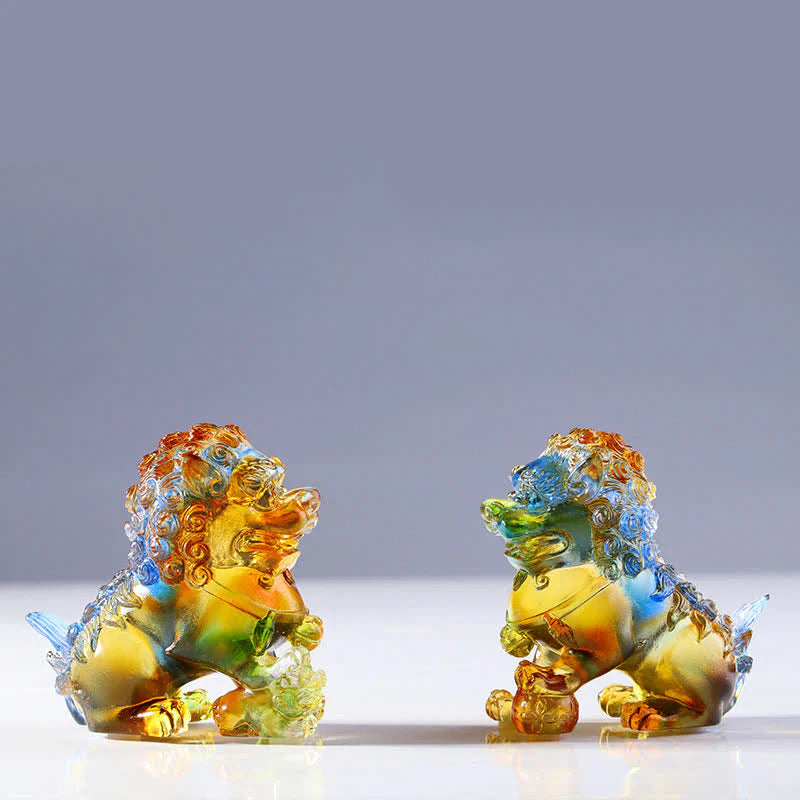 Buddha Stones Handmade Liuli Crystal Lion Art Piece Strength Home Office Decoration