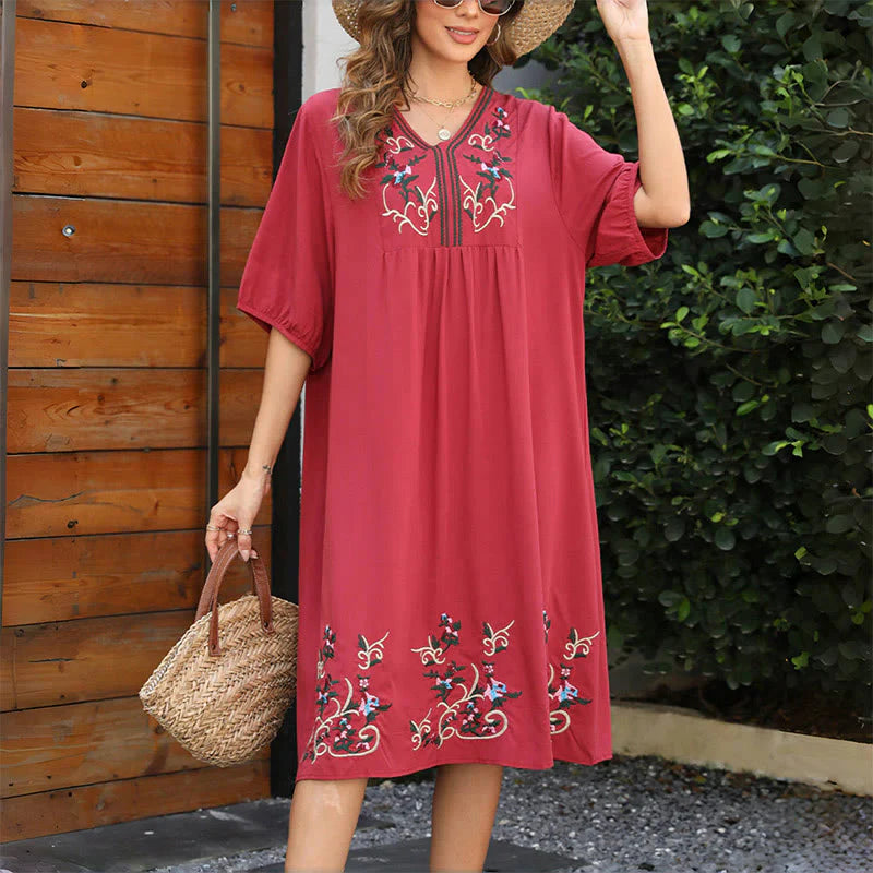 Buddha Stones Indianred Retro Ethnic Embroidery Long Lantern Sleeve Cotton Midi Dress