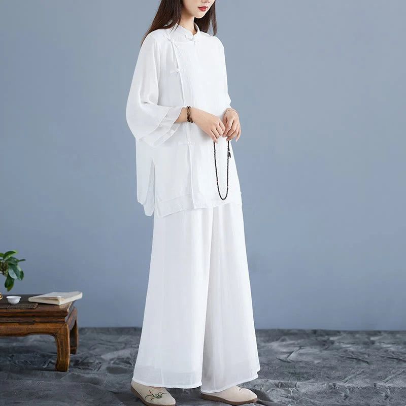 Buddha Stones 2Pcs Solid Color White Frog-Button Three Quarter Sleeve Shirt Wide Leg Pants Meditation Zen Clothing Women's Set