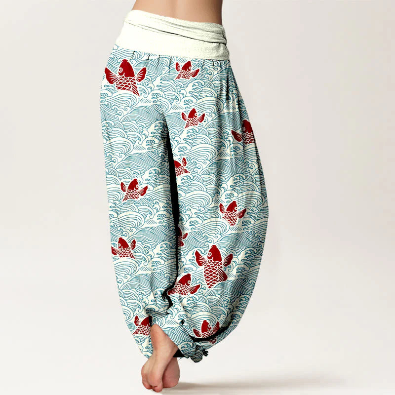 Buddha Stones Print Koi Fishes Waves Pattern Women's Elastic Waist Harem Pure Cotton Pants