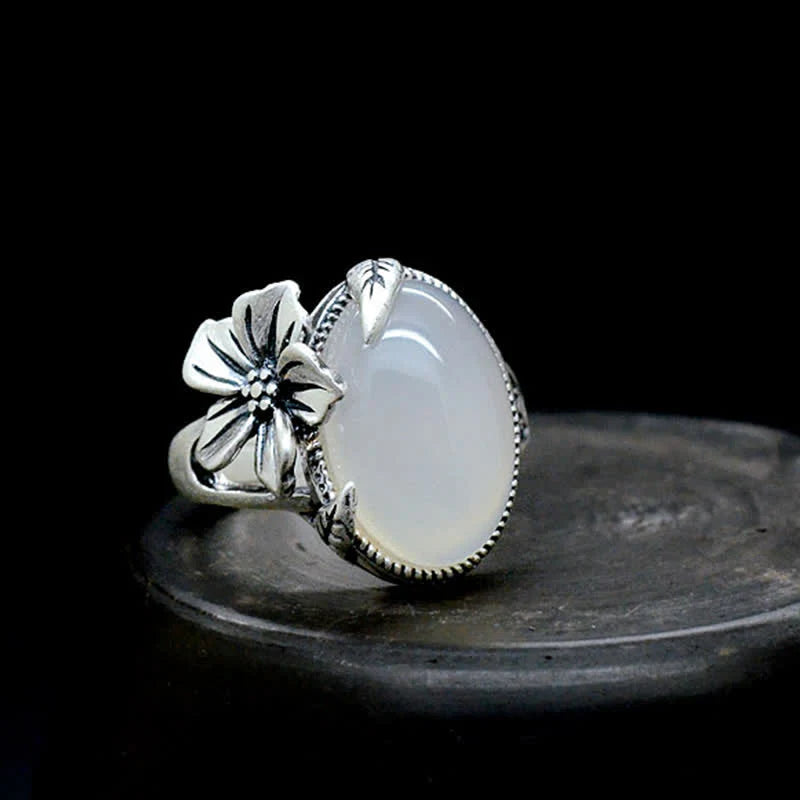 Buddha Stones 990 Sterling Silver Natural Chalcedony Plum Positive Harmony Ring