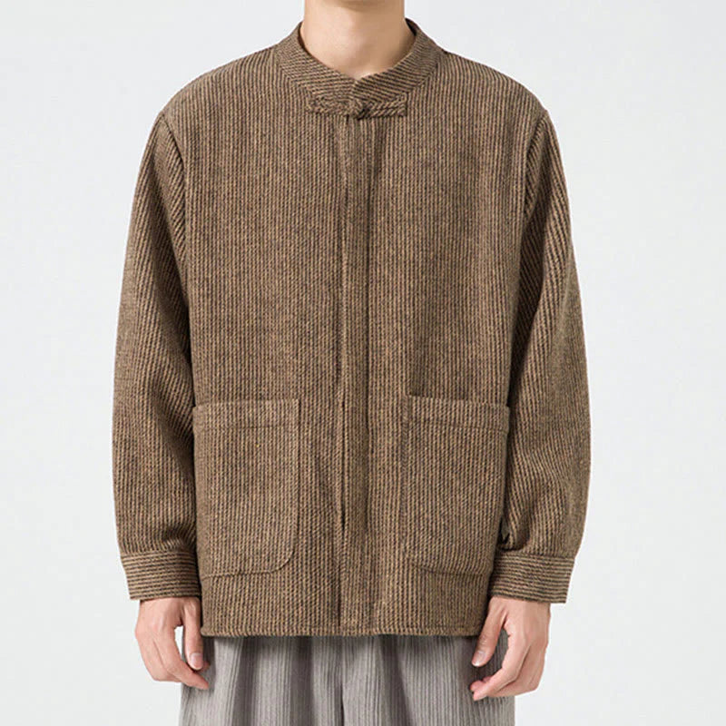 Buddha Stones Solid Color Frog-Button Long Sleeve Men's Cotton Corduroy Jacket With Pockets