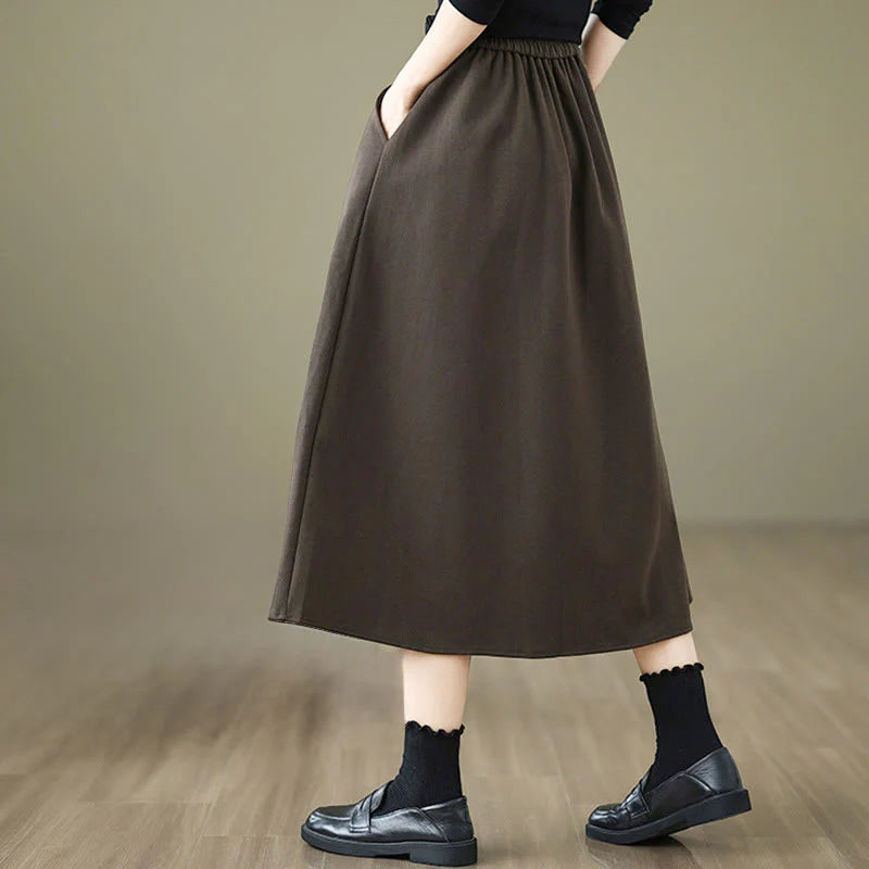 Buddha Stones Women's Winter Pure Color Cotton 7-8 Length Elastic Waistband Skirt With Pockets