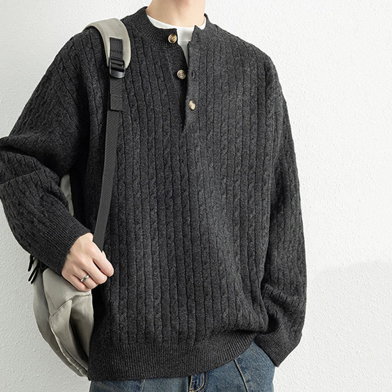 Buddha Stones Winter Crew Neck Three Buttons Twisted Design Warm Men's Long Sleeve Knitted Sweater