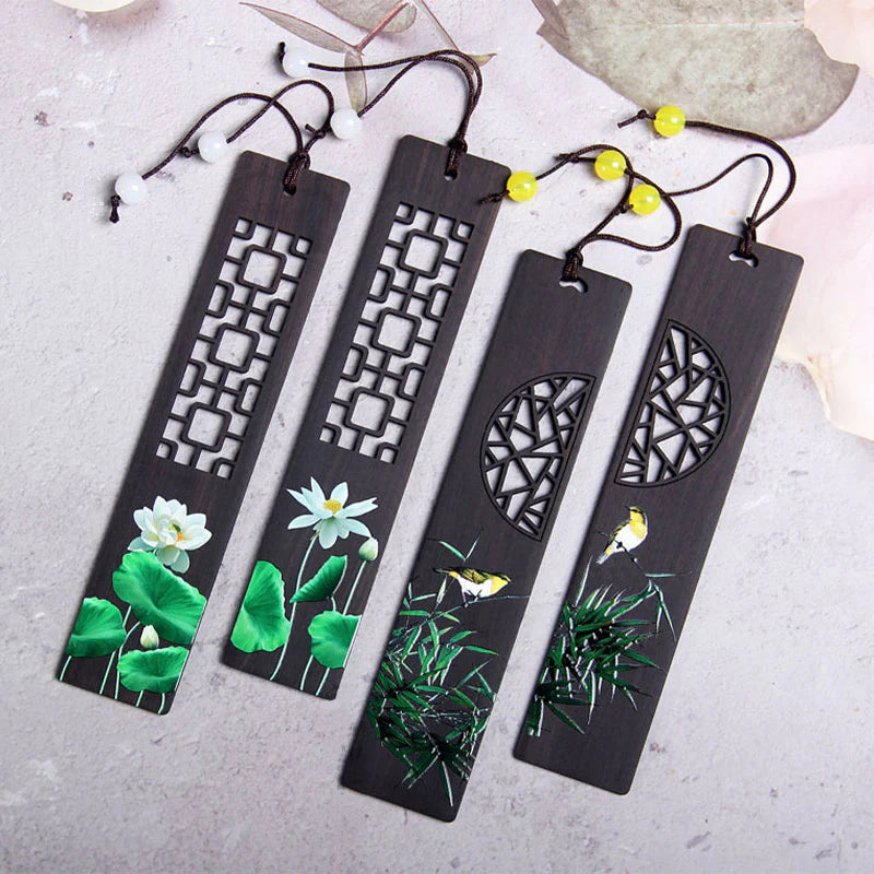 Buddha Stones Green Lotus Bamboo Oriole Ebony Wood Bookmarks With Gift Box (Extra 35% Off | USE CODE: FS35)