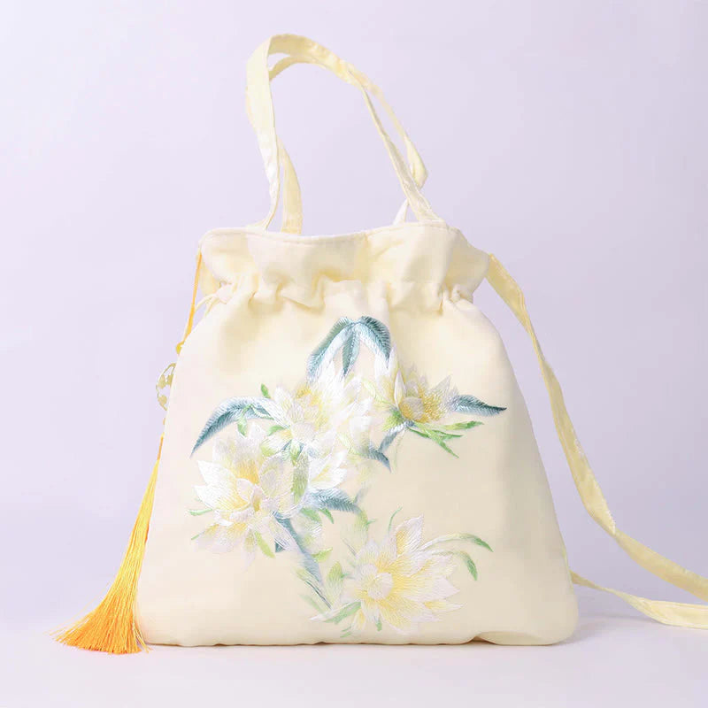 Buddha Stones Lotus Peony Epiphyllum Phoenix Suzhou Embroidery Cotton Linen Tote Crossbody Bag Shoulder Bag Handbag