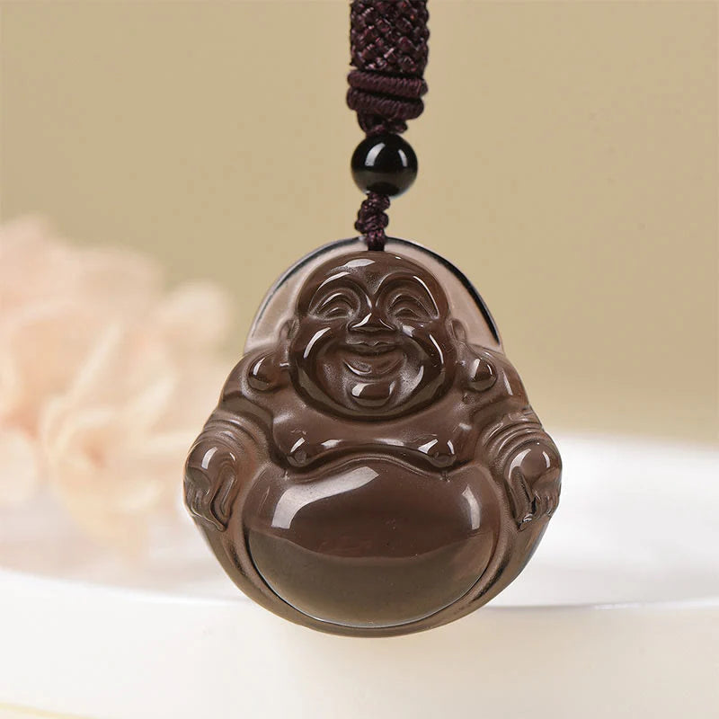 Buddha Stones Natural Black Obsidian Ice Obsidian Laughing Buddha Purification Necklace Pendant