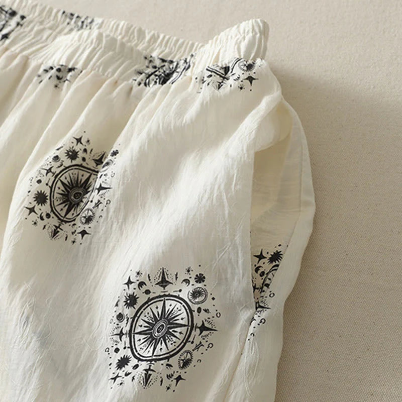 Buddha Stones Bohemian Printing Celestial Pattern Women's Wide Leg Cotton Pants With Pockets