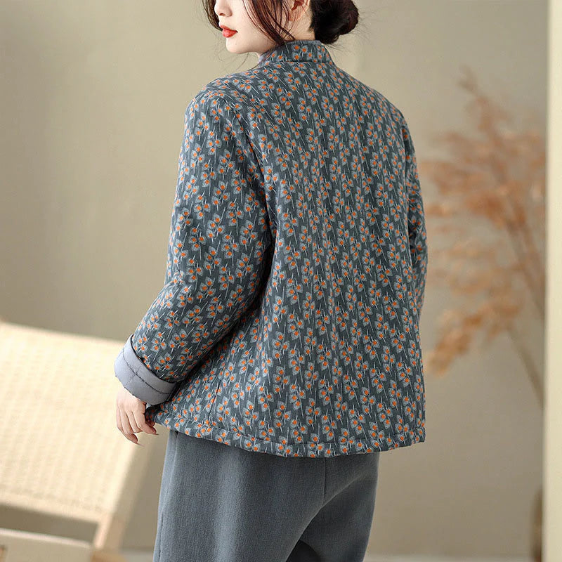 Buddha Stones Winter Frog-button Floral Long Sleeve Women's Thickened Cotton Jacket With Pockets