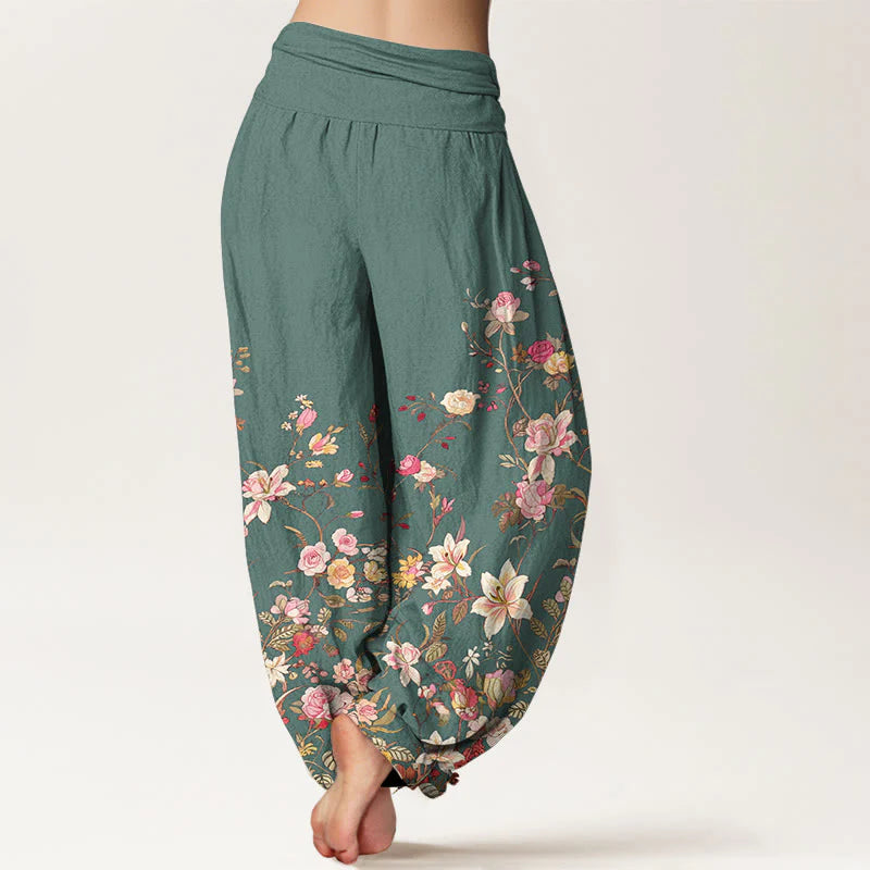 Buddha Stones Pure Cotton Exquisite Colorful Flower Pattern Women's Elastic Waist Harem Pants
