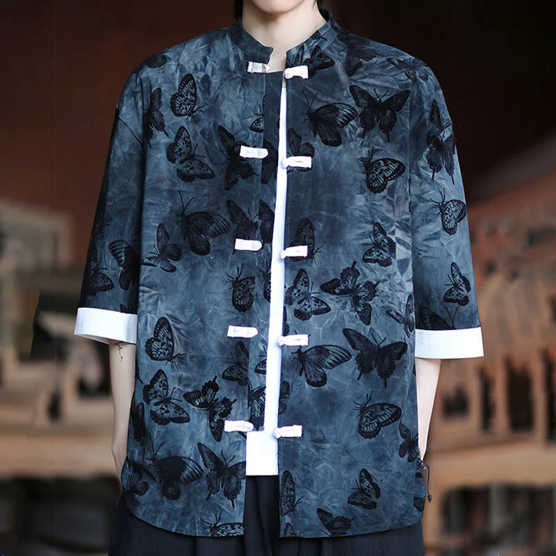 Buddha Stones Jacquard Butterfly Pattern White Frog-Button Design Stand Collar Men's Three Quarter Sleeve Cotton Shirt Cardigan