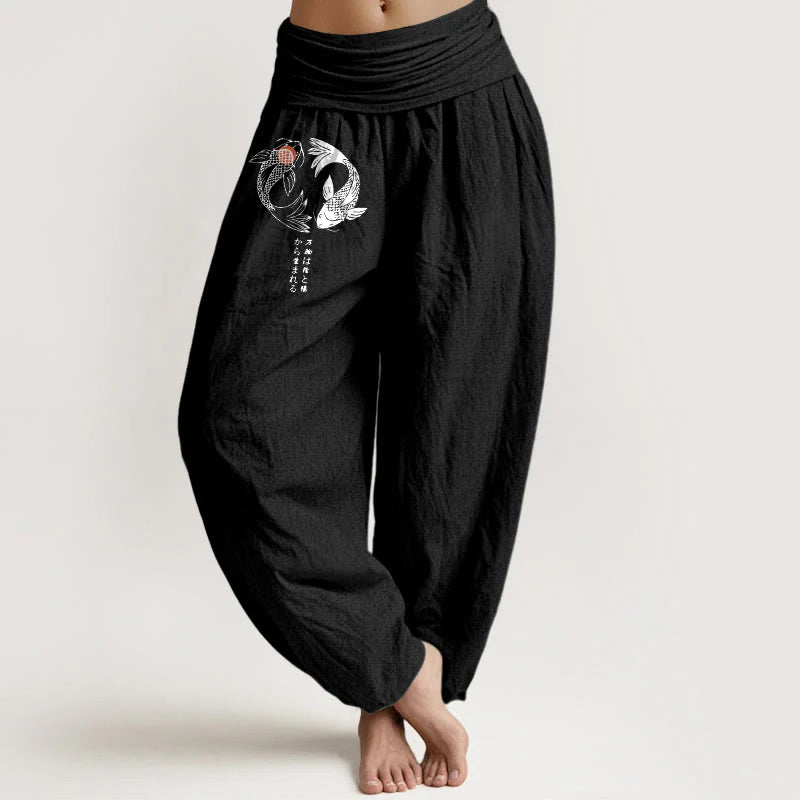 Buddha Stones Pure Cotton Koi Fish Pattern Women's Elastic Waist Harem Pants