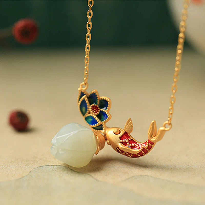 Buddha Stones White Jade Koi Fish Lotus Copper Protection Necklace Pendant