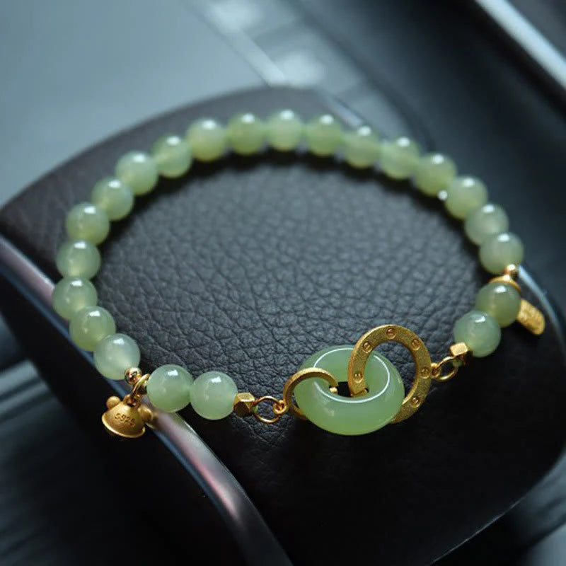 Buddha Stones 925 Sterling Silver Plated Gold Natural Hetian Jade Bead Gourd Lotus Bamboo Fu Character Luck Bracelet (Extra 35% Off | USE CODE: FS35)