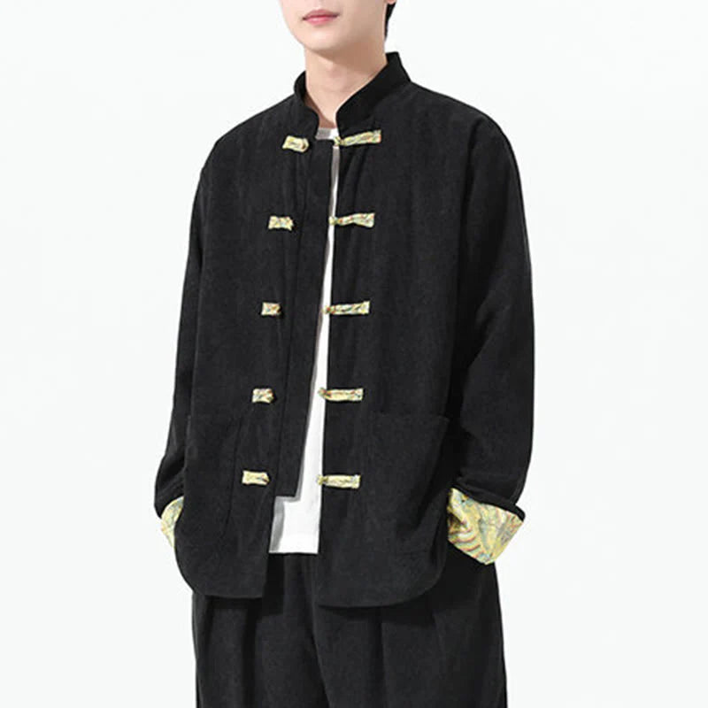 Buddha Stones Floral Design Long Sleeve Men's Cotton Corduroy Tang Suit Jacket With Pockets