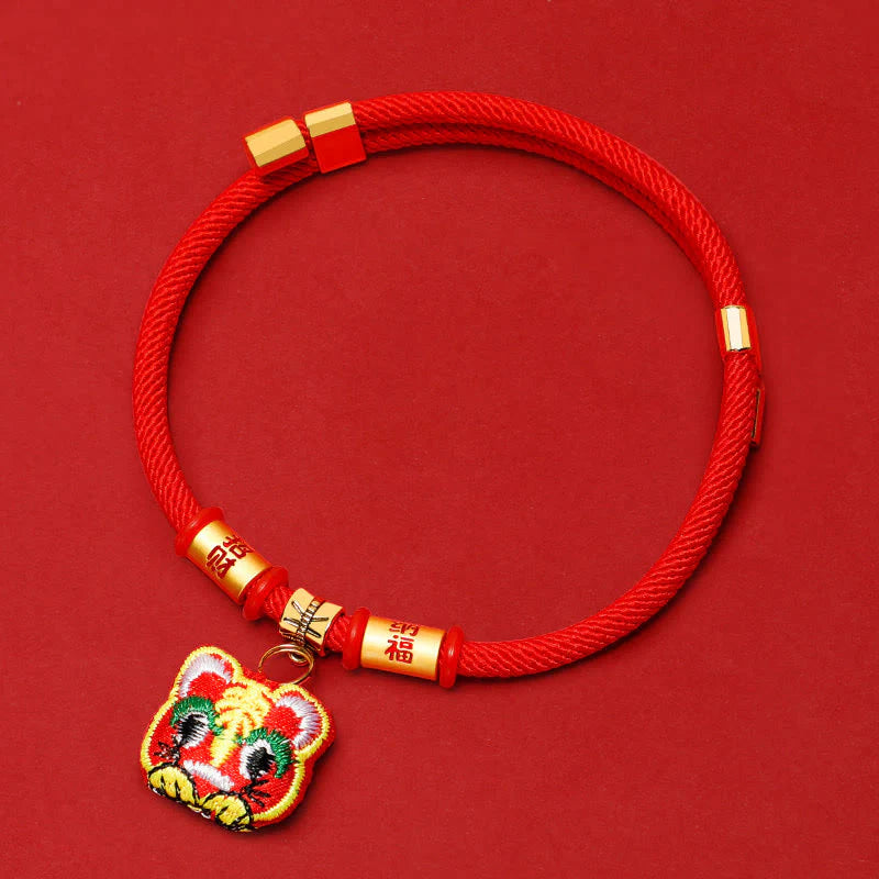 Buddha Stones Red String Plaited Embroidery Tiger Fu Character Protection Adjustable Cats Dogs Pet Collar