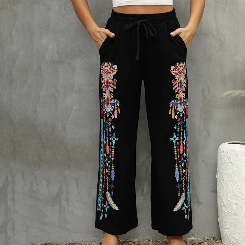 Buddha Stones Black Casual Ethnic Embroidery Cotton Linen Drawstring Women's Pants With Pockets