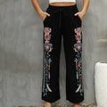 Buddha Stones Black Casual Ethnic Embroidery Cotton Linen Drawstring Women's Pants With Pockets