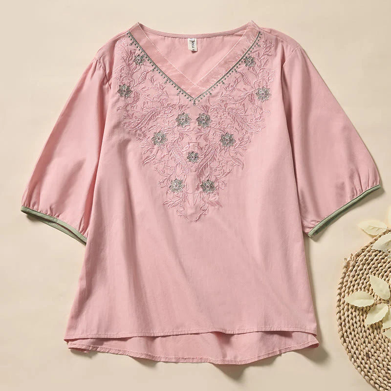 Buddha Stones Casual Floral Leaf Pattern V-Neck Women's Polyester Short Sleeve T-shirt