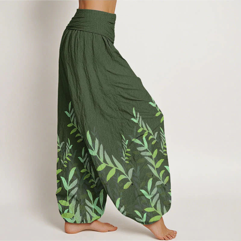 Buddha Stones Cotton Casual Leaves Pattern Women's Elastic Waist Harem Pants