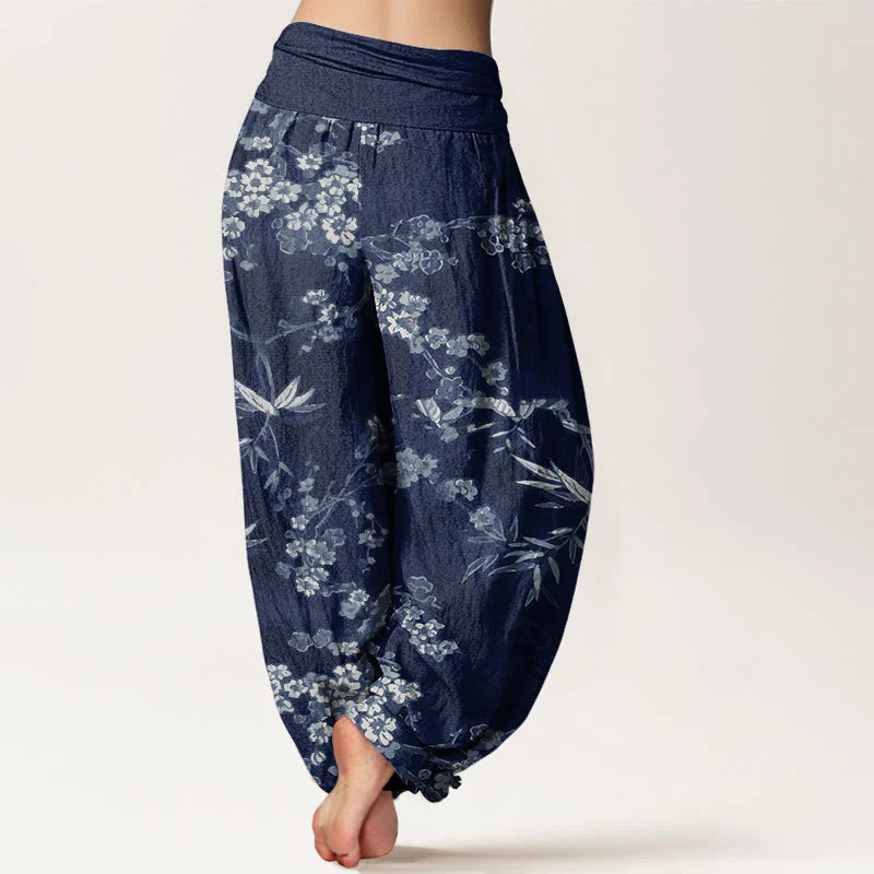 Buddha Stones Cotton White Sakura Flower Pattern Women's Elastic Waist Harem Pants