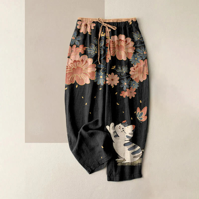 Buddha Stones Pure Cotton Cat Butterfly Pink Blossom Pattern Women's Elastic Waist Pants With Pockets