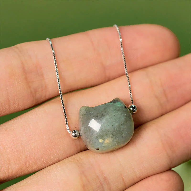 Buddha Stones 925 Sterling Silver Faceless Cat Head Natural Labradorite Healing Bracelet