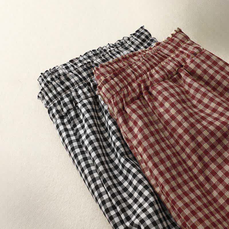 Buddha Stones Summer Plaid Elastic Waist Cropped Women's Tapered Pants With Pockets