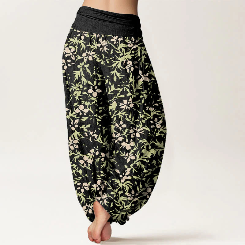 Buddha Stones Pure Cotton Abstract Flowers Leaves Pattern Women's Elastic Waist Harem Pants