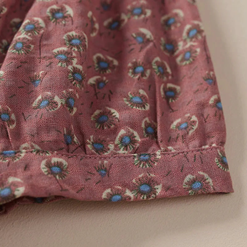 Buddha Stones Front Button Design Floral Print Pattern Women's Cotton Half Sleeve Shirt