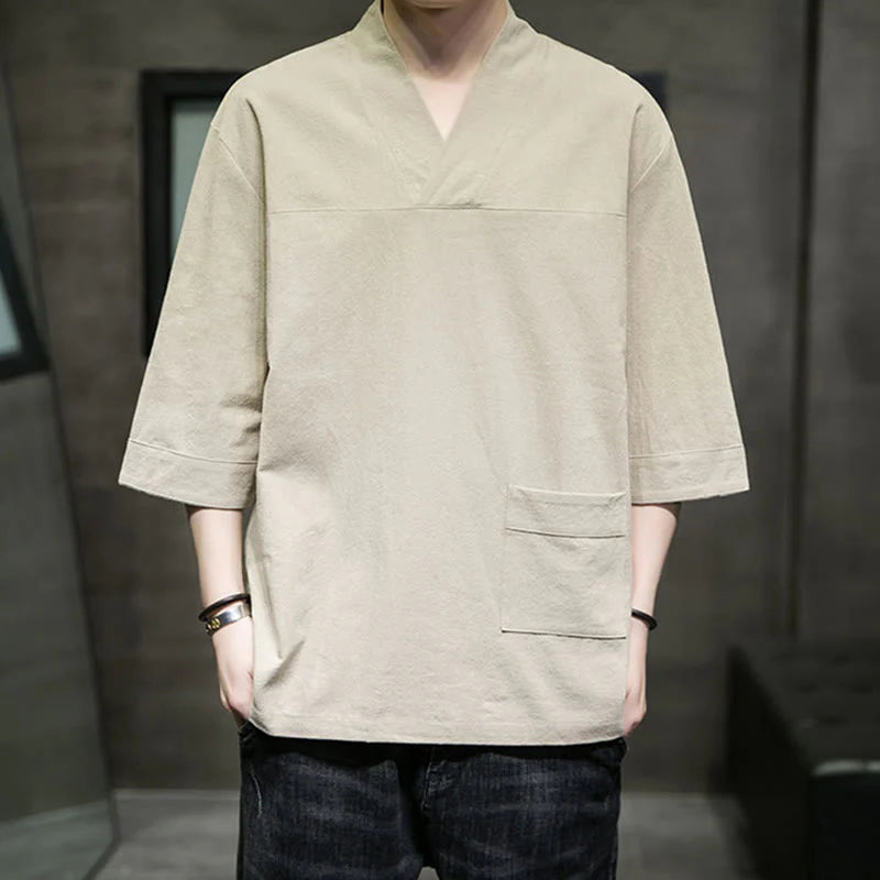Buddha Stones Summer Casual Simple V-Neck Design Men's Cotton Linen Three Quarter Sleeve T-Shirt With Front Pocket