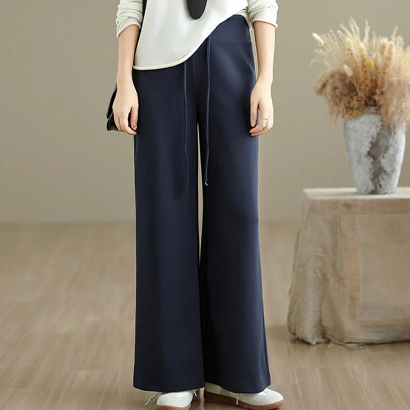 Buddha Stones Plain Drawstring Cotton Polyester Women's Wide Leg Pants With Pockets