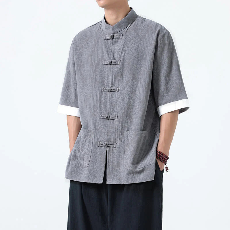 Buddha Stones Summer Flowers Grass Pattern Tang Suit Men's Frog-Button Half Sleeve Cotton Shirt With Pockets