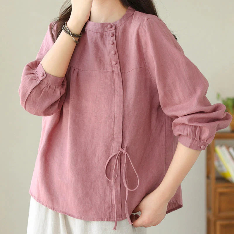 Buddha Stones Fall Casual Solid Color Stand Collar Long Sleeve Cotton Linen Women's Shirt