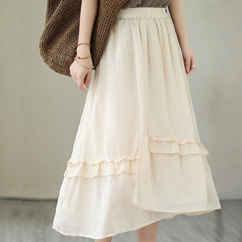 Buddha Stones Vintage Artistic Pure Color Ruffled Design Irregular Women's Cotton Linen Skirt
