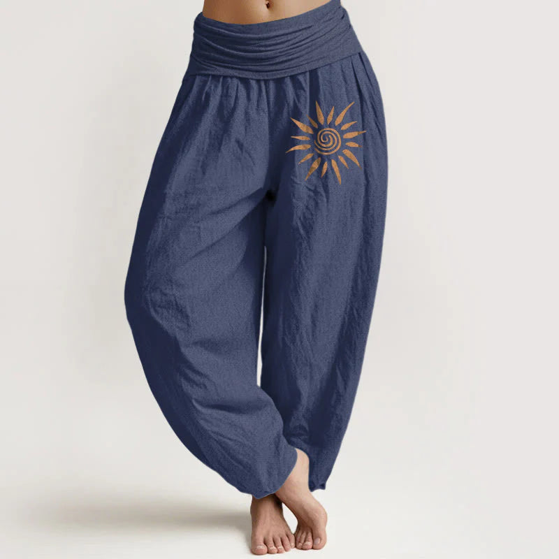 Buddha Stones Spiral Center Sun Pattern Women's Elastic Waist Harem Pure Cotton Pants