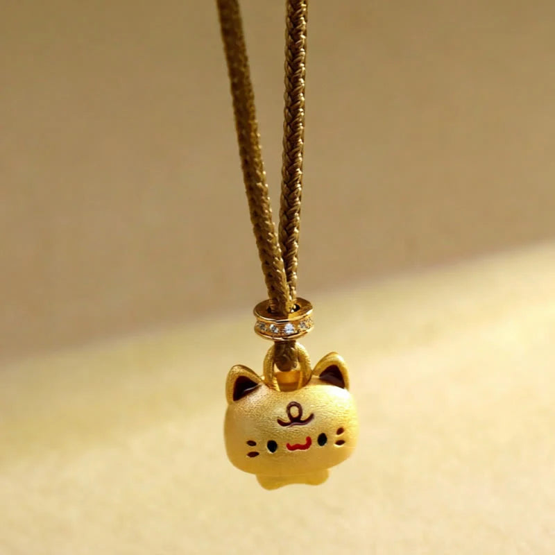 Buddha Stones Cute Cat Copper Plated Gold Adjustable Braided Rope Protection Necklace Pendant