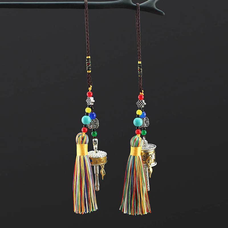 Buddha Stones Tibet Om Mani Padme Hum Prayer Wheel Tassel Bag Car Hanging Decoration